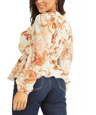 Women's Hera Printed Balloon-Sleeve V-Neck Top White $21.78 Tops