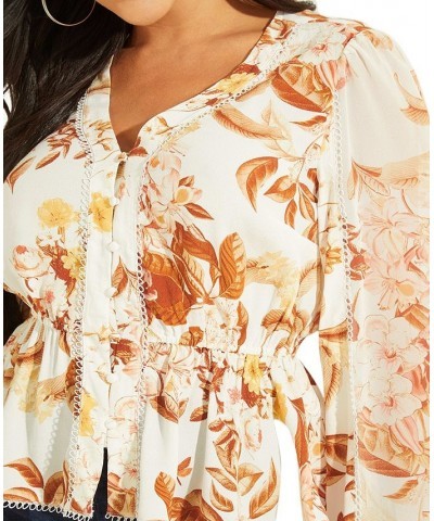 Women's Hera Printed Balloon-Sleeve V-Neck Top White $21.78 Tops