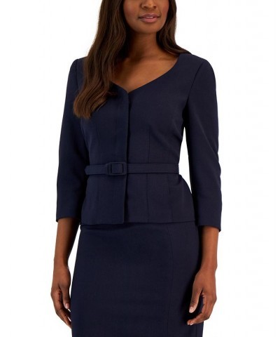 Women's Belted Jacket 3/4-Sleeve Skirt Suit Blue $56.10 Suits