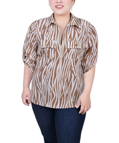 Plus Size Roll Tab Sleeve Zip Front Top Antique White Animal $15.48 Tops