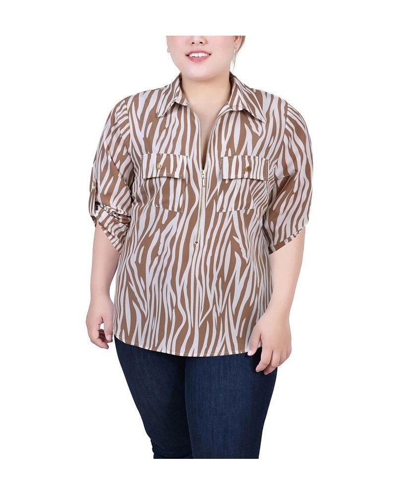 Plus Size Roll Tab Sleeve Zip Front Top Antique White Animal $15.48 Tops