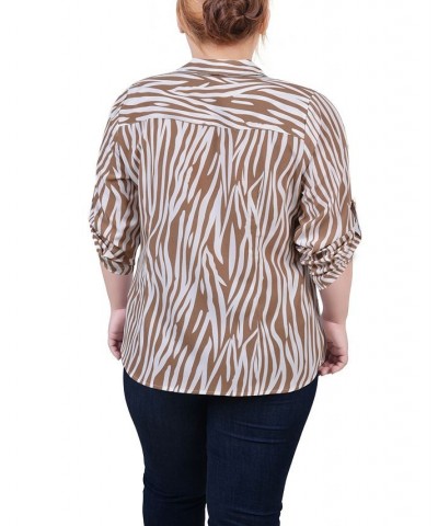 Plus Size Roll Tab Sleeve Zip Front Top Antique White Animal $15.48 Tops