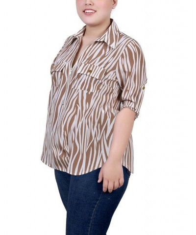 Plus Size Roll Tab Sleeve Zip Front Top Antique White Animal $15.48 Tops