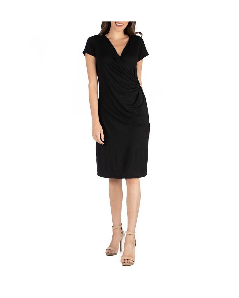 Faux Wrap over Dress with Cap Sleeves Black $23.08 Dresses