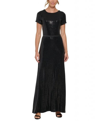 Women's Boat-Neck Short-Sleeve Sequin Gown Black $95.79 Dresses