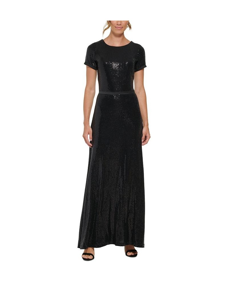 Women's Boat-Neck Short-Sleeve Sequin Gown Black $95.79 Dresses