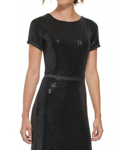 Women's Boat-Neck Short-Sleeve Sequin Gown Black $95.79 Dresses