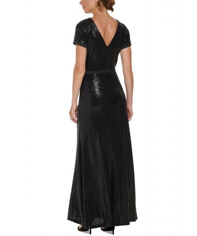 Women's Boat-Neck Short-Sleeve Sequin Gown Black $95.79 Dresses