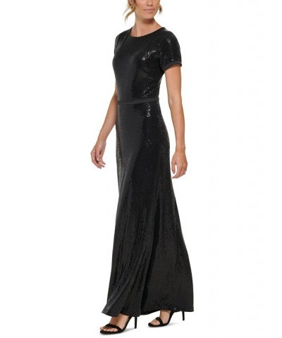 Women's Boat-Neck Short-Sleeve Sequin Gown Black $95.79 Dresses