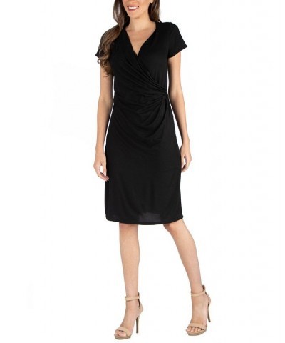 Faux Wrap over Dress with Cap Sleeves Black $23.08 Dresses