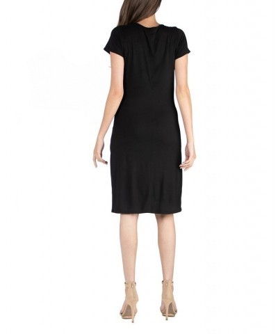 Faux Wrap over Dress with Cap Sleeves Black $23.08 Dresses