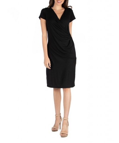 Faux Wrap over Dress with Cap Sleeves Black $23.08 Dresses