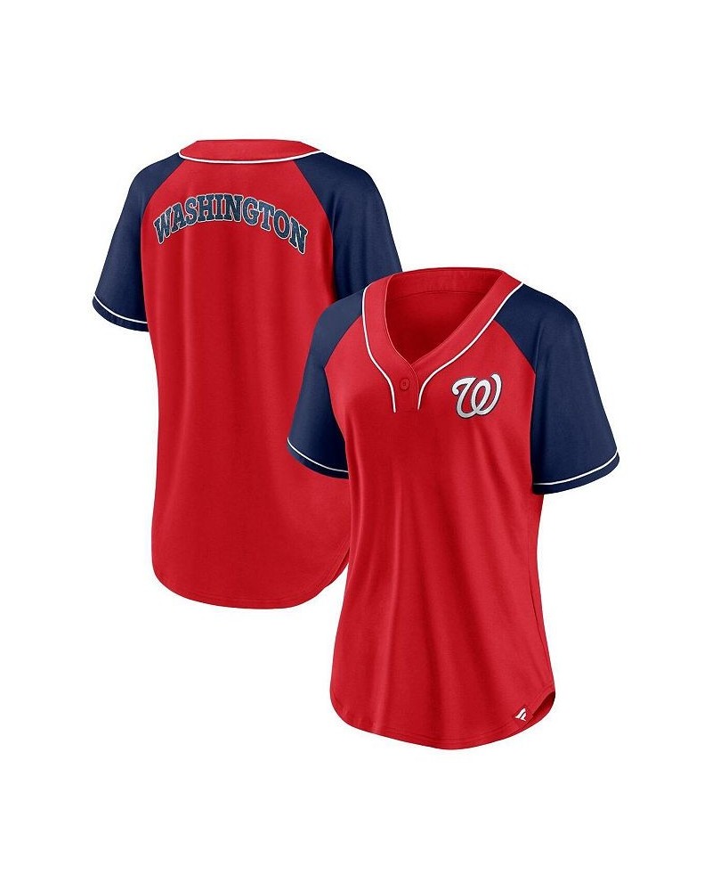 Women's Branded Red Washington Nationals Ultimate Style Raglan V-Neck T-shirt Red $32.90 Tops