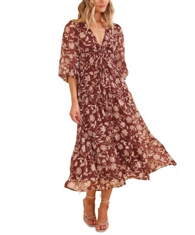 Women's Wren Floral Drawstring-Waist Midi Dress Chocolate/blush Multi Print $62.01 Dresses