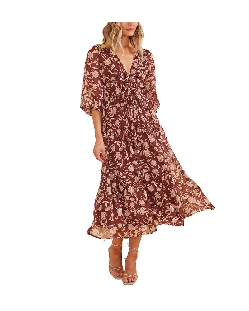 Women's Wren Floral Drawstring-Waist Midi Dress Chocolate/blush Multi Print $62.01 Dresses