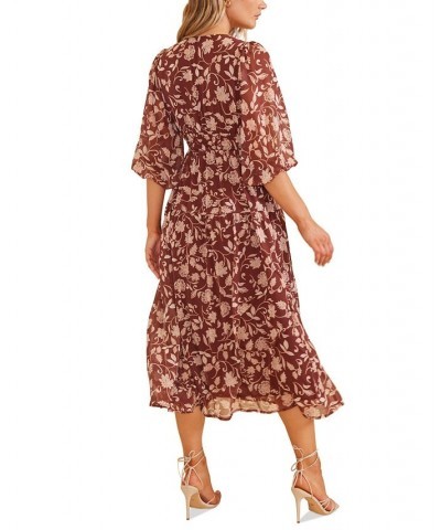 Women's Wren Floral Drawstring-Waist Midi Dress Chocolate/blush Multi Print $62.01 Dresses