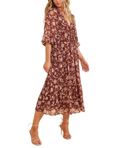 Women's Wren Floral Drawstring-Waist Midi Dress Chocolate/blush Multi Print $62.01 Dresses