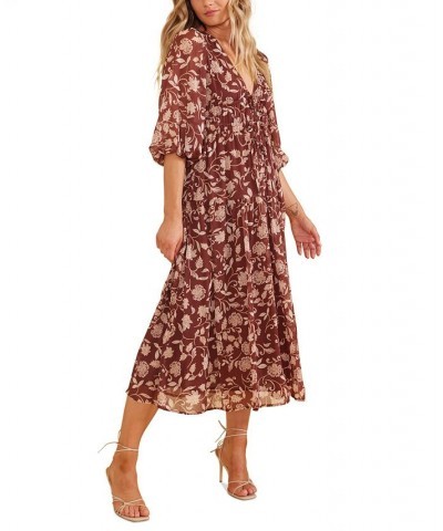 Women's Wren Floral Drawstring-Waist Midi Dress Chocolate/blush Multi Print $62.01 Dresses