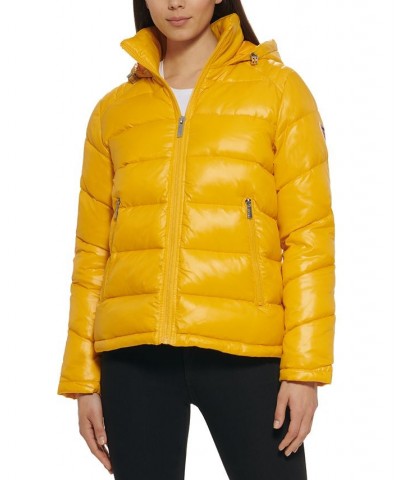 Women's High-Shine Hooded Puffer Coat Yellow $57.20 Coats