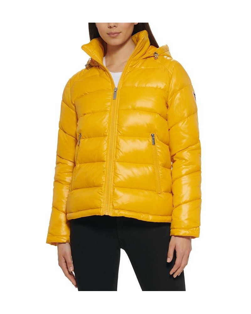 Women's High-Shine Hooded Puffer Coat Yellow $57.20 Coats