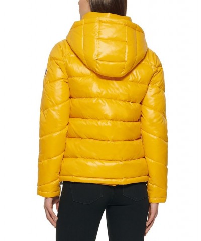 Women's High-Shine Hooded Puffer Coat Yellow $57.20 Coats