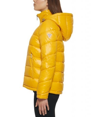 Women's High-Shine Hooded Puffer Coat Yellow $57.20 Coats