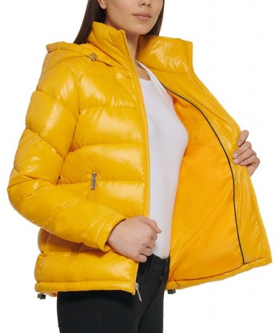 Women's High-Shine Hooded Puffer Coat Yellow $57.20 Coats