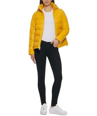 Women's High-Shine Hooded Puffer Coat Yellow $57.20 Coats