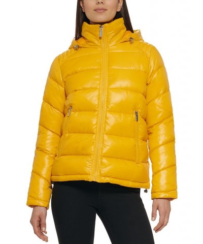 Women's High-Shine Hooded Puffer Coat Yellow $57.20 Coats