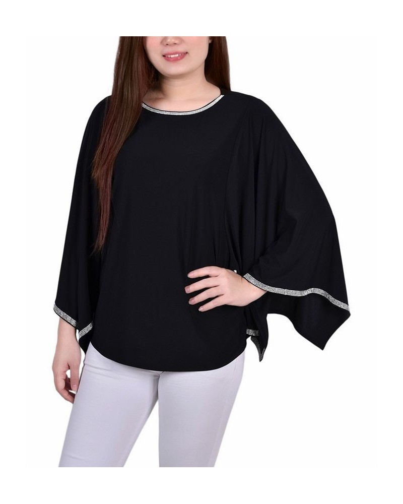 Petite Size Long Batwing Top with Glitz Tape at Neckline and Sleeves Black $14.40 Tops