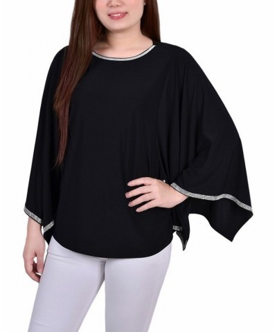 Petite Size Long Batwing Top with Glitz Tape at Neckline and Sleeves Black $14.40 Tops