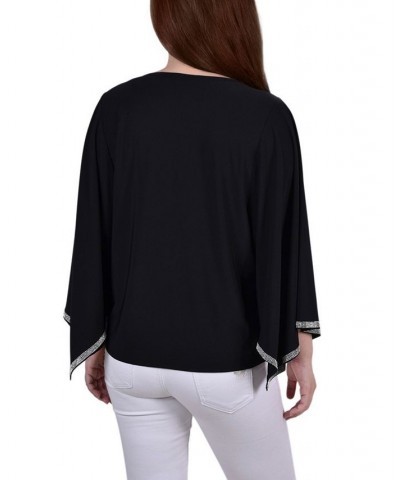 Petite Size Long Batwing Top with Glitz Tape at Neckline and Sleeves Black $14.40 Tops