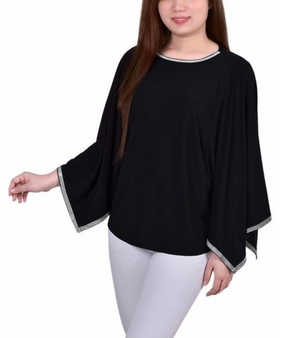 Petite Size Long Batwing Top with Glitz Tape at Neckline and Sleeves Black $14.40 Tops