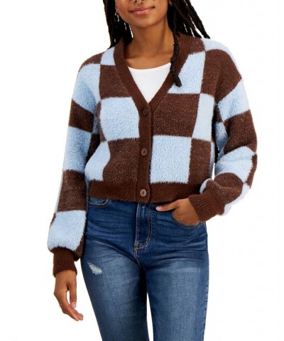 Juniors' Checkered Eyelash V-Neck Cardigan Multi $15.06 Sweaters