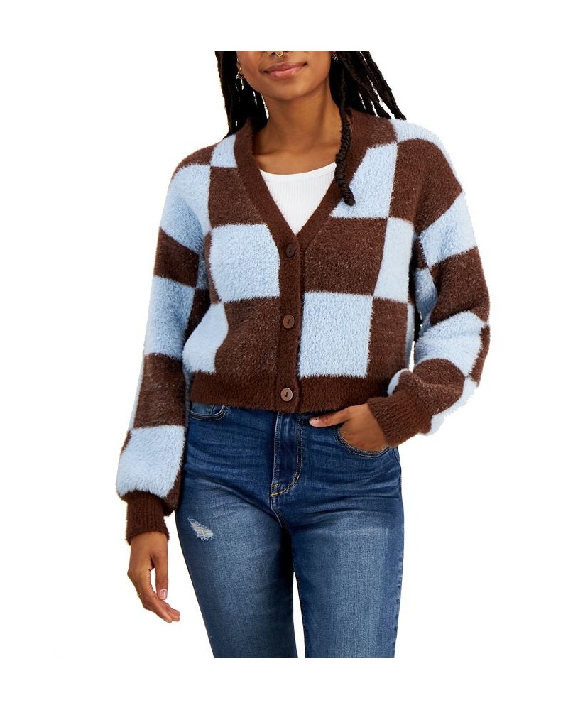 Juniors' Checkered Eyelash V-Neck Cardigan Multi $15.06 Sweaters