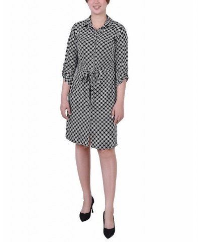 Petite Geometric Printed Long Sleeve Roll Tab Shirtdress Black White Iconic $19.24 Dresses