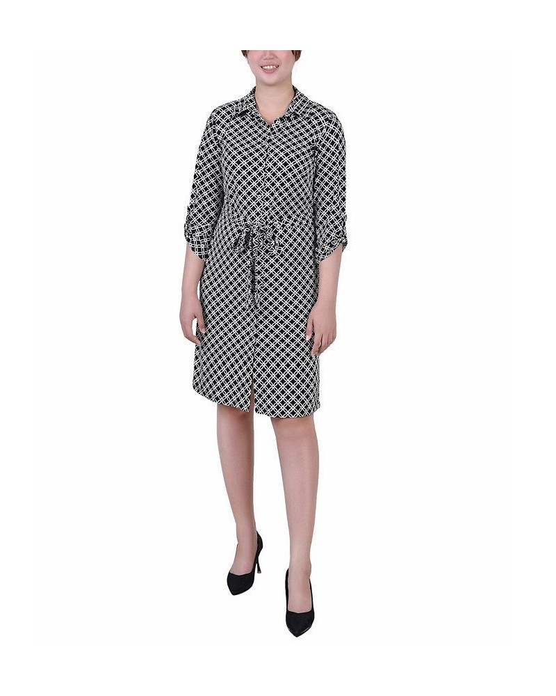 Petite Geometric Printed Long Sleeve Roll Tab Shirtdress Black White Iconic $19.24 Dresses