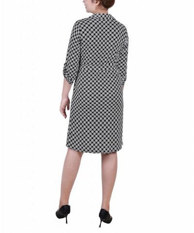 Petite Geometric Printed Long Sleeve Roll Tab Shirtdress Black White Iconic $19.24 Dresses