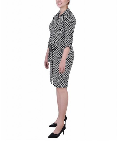 Petite Geometric Printed Long Sleeve Roll Tab Shirtdress Black White Iconic $19.24 Dresses