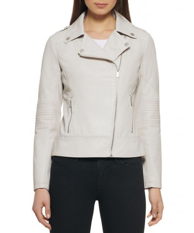 Women's Asymmetric Faux-Leather Moto Jacket Ivory/Cream $38.00 Coats