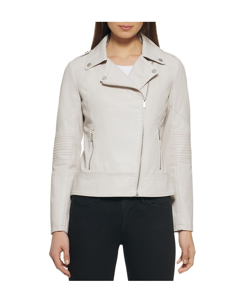 Women's Asymmetric Faux-Leather Moto Jacket Ivory/Cream $38.00 Coats