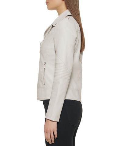 Women's Asymmetric Faux-Leather Moto Jacket Ivory/Cream $38.00 Coats