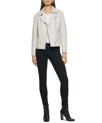 Women's Asymmetric Faux-Leather Moto Jacket Ivory/Cream $38.00 Coats