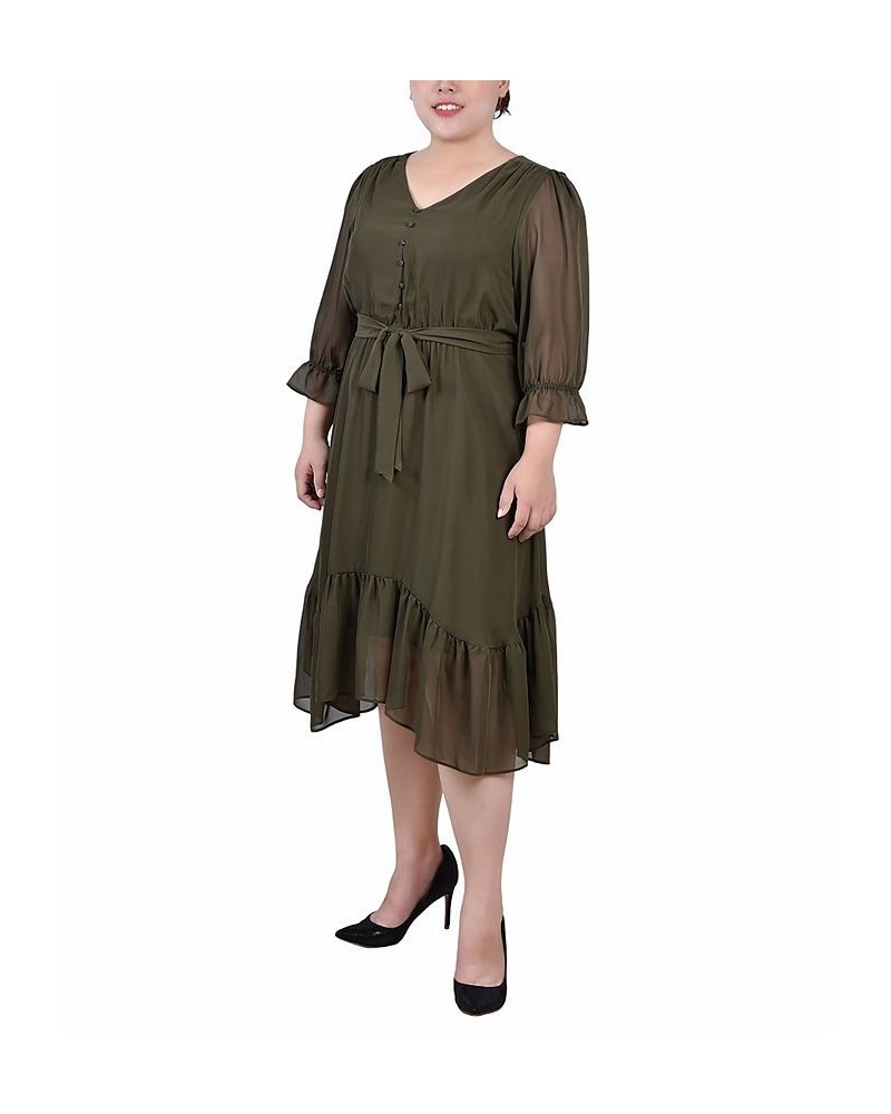 Plus Size 3/4 Sleeve V-Neck Flounced Dress Green $16.32 Dresses