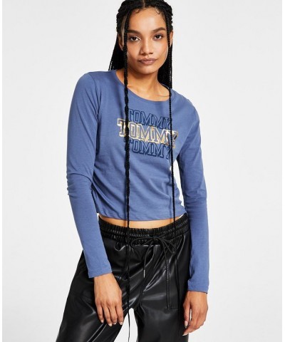 Women's Side Ruched Foil Logo T-Shirt Blue $13.88 Tops