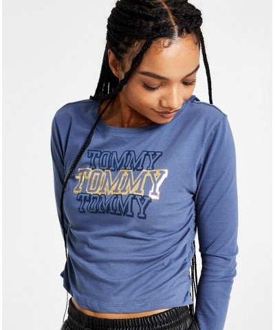 Women's Side Ruched Foil Logo T-Shirt Blue $13.88 Tops