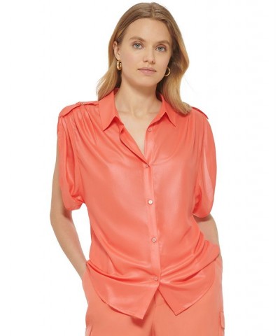 Women's Faux-Leather Button-Up Short-Sleeve Shirt Persimmon $47.96 Tops