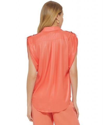 Women's Faux-Leather Button-Up Short-Sleeve Shirt Persimmon $47.96 Tops