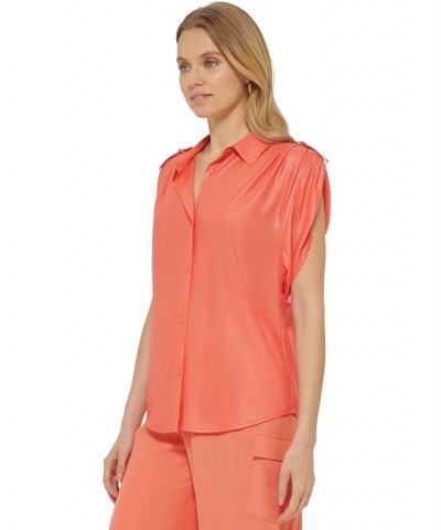 Women's Faux-Leather Button-Up Short-Sleeve Shirt Persimmon $47.96 Tops