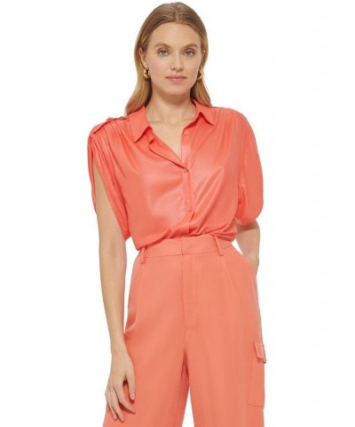 Women's Faux-Leather Button-Up Short-Sleeve Shirt Persimmon $47.96 Tops